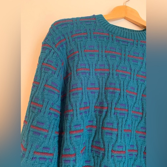 Iredell County Sweater Men L 3d Cable Knit Pullover Classic Blue green 80s 90’s - Picture 2 of 7